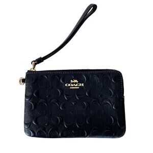 Coach Slim Corner Zip Wristlet Wallet Embossed Leather Black CF358